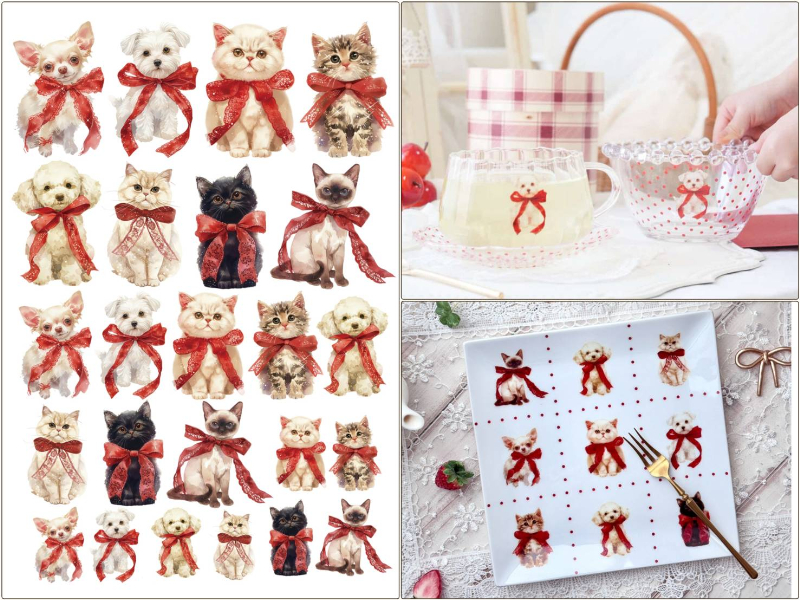 【セット割】わんことにゃんこのリボンパーティー転写紙 ※白磁＆ガラス用お得なセット20％オフ♪（ポーセラーツ 転写紙 ポーセリアート 犬 DOG ネコ 猫 CAT )