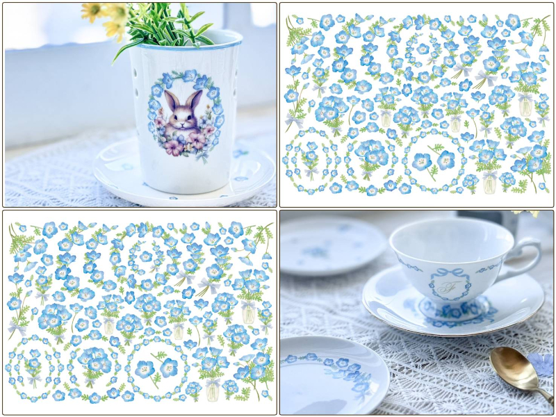 19日まで発売記念30％オフ♪【白磁用】ネモフィラブーケ＆リース転写紙（ポーセラーツ 転写紙 ポーセリアート 花 ブルー 青 花柄転写紙)