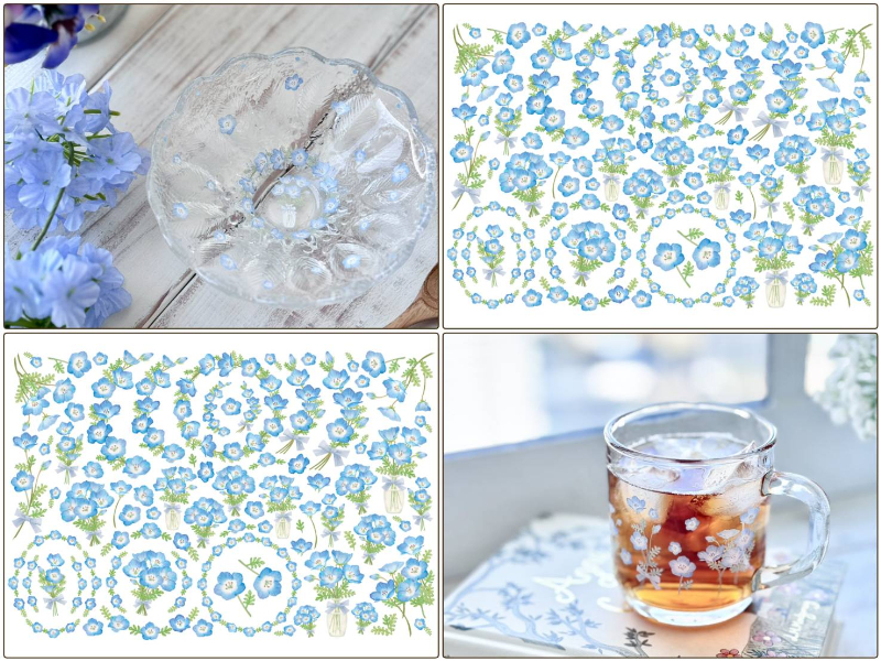 19日まで発売記念30％オフ♪【ガラス用】ネモフィラブーケ＆リース転写紙（ポーセラーツ 転写紙 ポーセリアート 花 ブルー 青 花柄転写紙)