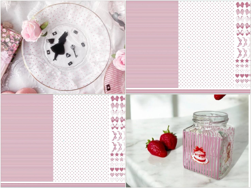 【ガラス用】ピンクルージュドット×ストライプ&CUTEな飾りつき転写紙 A3サイズ ( ポーセラーツ 転写紙 ポーセリンアート)