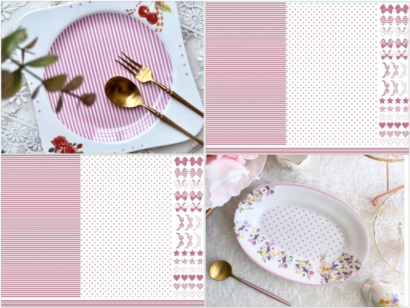 【白磁用】ピンクルージュドット×ストライプ&CUTEな飾りつき転写紙 A3サイズ ( ポーセラーツ 転写紙 ポーセリンアート)