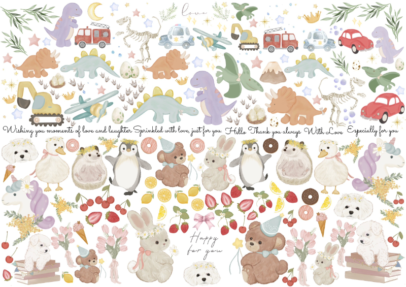 GWビッグSALE6日まで♪【ガラス用】Dream Parade ドリームパレード転写紙  ver2（ポーセラーツ ポーセリンアート 転写紙  恐竜 ぺんぎん ウサギ クマ)