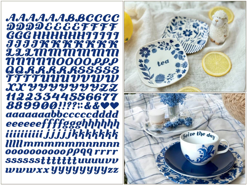 15日まで発売記念550円！【白磁用】mini イニシャル転写紙　ブルー　アルファベット　英文字　数字　A5サイズ （ポーセラーツ 転写紙 ポーセリアート マヨリカブルー)
