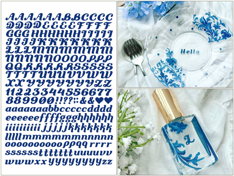 15日まで発売記念550円！【ガラス用】mini イニシャル転写紙　ブルー　アルファベット　英文字　数字　A5サイズ （ポーセラーツ 転写紙 ポーセリアート マヨリカブルー )