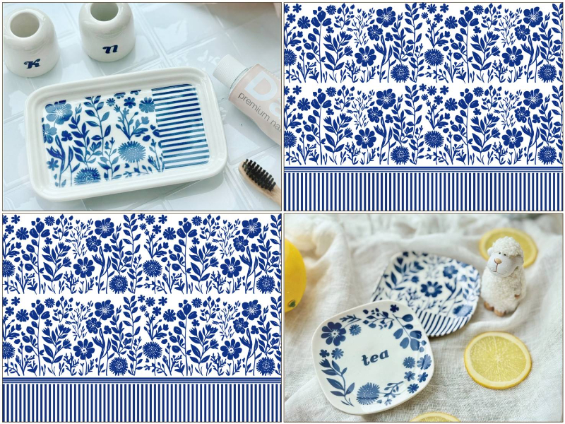 15日まで発売記念770円♪ 【白磁用】ブルーボタニカル転写紙　A4サイズ （ポーセラーツ ポーセリンアート 転写紙 フラワー 花柄 北欧風  マヨリカブルー)