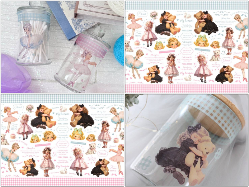 21日まで発売記念20％オフ♪【ガラス用】little ballerina リトルバレリーナ転写紙　（ポーセラーツ ポーセリンアート 転写紙  バレエ リボン ギンガムチェック 花 猫)