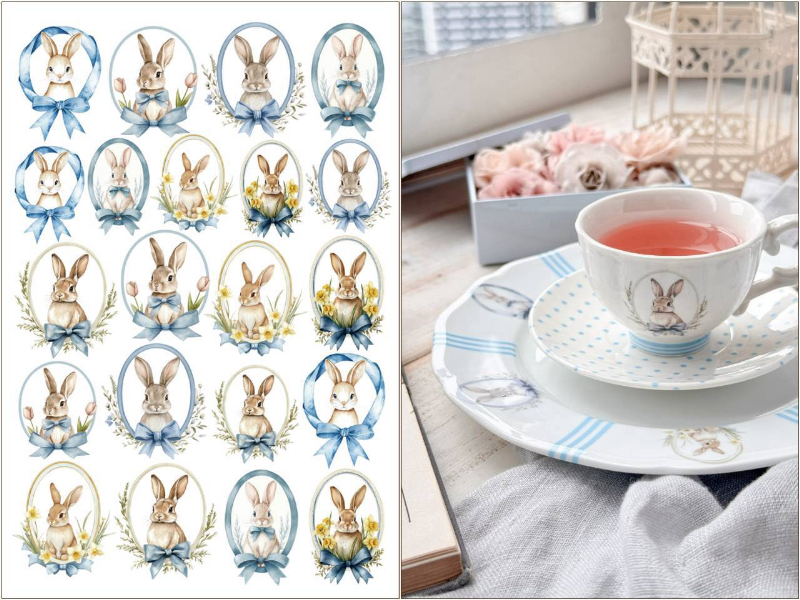 【白磁用】 Blue Ribbon Bunny ブルーリボンバニー転写紙（ポーセラーツ 転写紙 ポーセリアート 花 フラワー ウサギ 水彩 うさぎ ラビット りぼん)