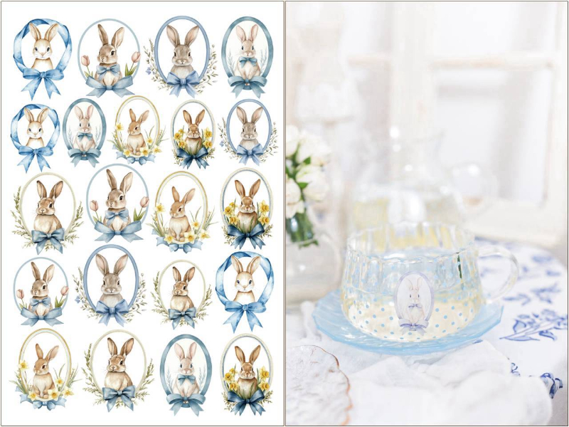 【ガラス用】 Blue Ribbon Bunny ブルーリボンバニー転写紙（ポーセラーツ 転写紙 ポーセリアート 花 フラワー ウサギ 水彩 うさぎ ラビット りぼん)