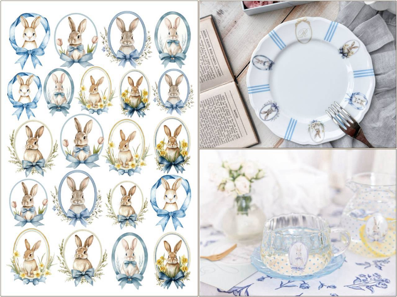 【セット割】 Blue Ribbon Bunny ブルーリボンバニー転写紙　※白磁＆ガラス用お得なセット20％オフ♪（ポーセラーツ 転写紙 ポーセリアート 花 フラワー ウサギ 水彩 うさぎ ラビット りぼん)