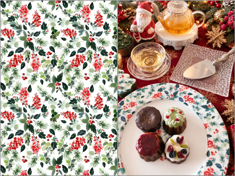 【白磁用】クリスマス転写紙　ベリー＆リーフ　（ポーセラーツ ポーセリンアート 花柄 転写紙)