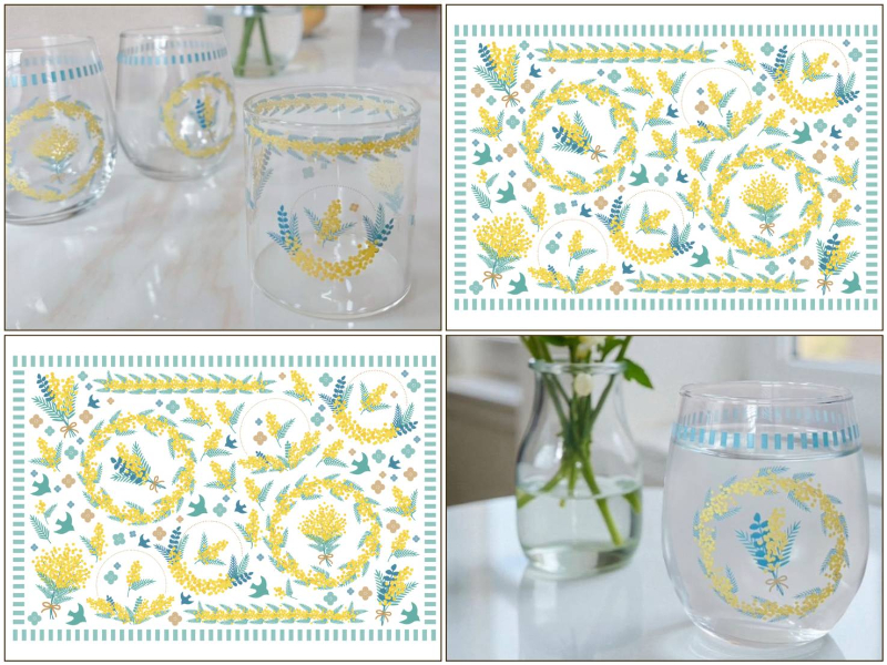 【ガラス用】北欧風フルールミモザ転写紙（ポーセラーツ 転写紙 ポーセリアート 花 フラワー 鳥 mimosa)