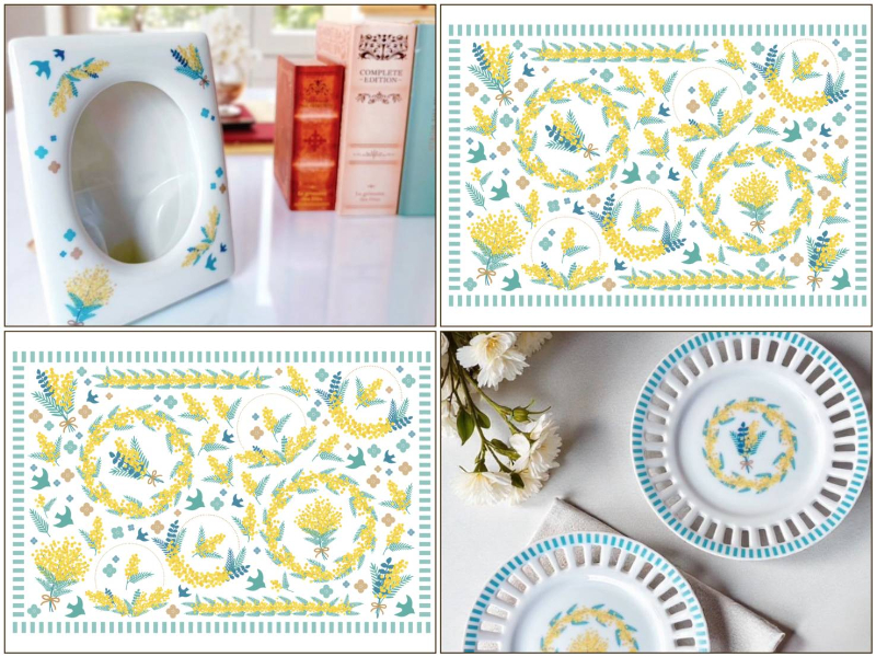 【白磁用】北欧風フルールミモザ転写紙（ポーセラーツ 転写紙 ポーセリアート 花 フラワー 鳥 mimosa)