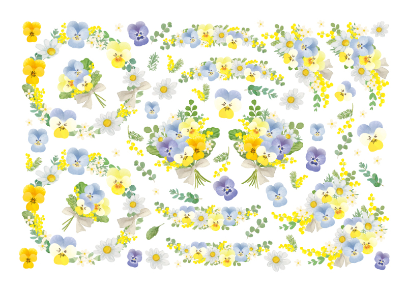 【セット割】北欧風フローラルパンジーリース転写紙　※白磁＆ガラス用お得なセット20％オフ♪（ポーセラーツ 転写紙 ポーセリアート 花 フラワー)