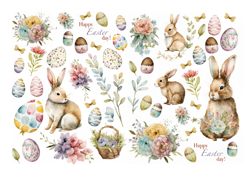 【セット割】フローラルバニーwithハッピーイースター転写紙 ※白磁＆ガラス用お得なセット20％オフ♪（ポーセラーツ 転写紙 ポーセリアート 花 フラワー ウサギ うさぎ 水彩 フラワー ラビット Easter)