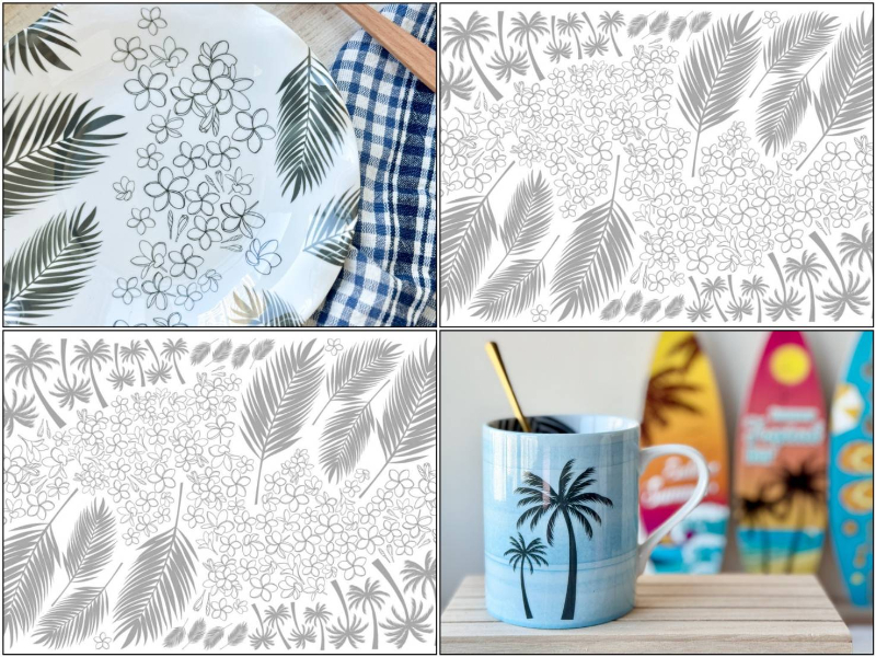 18日までNEWカラー発売記念20％オフ♪【白磁用】プルメリア＆ヤシ 線画 転写紙 グレー A3 サイズ （ポーセラーツ ポーセリンアート 花柄 Summer Hawaii）