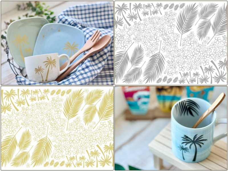 【セット割】プルメリア＆ヤシ 線画 転写紙 　※ゴールド＆グレーお得なセット20％オフ♪ A3 サイズ （ポーセラーツ ポーセリンアート 花柄 雲母金）