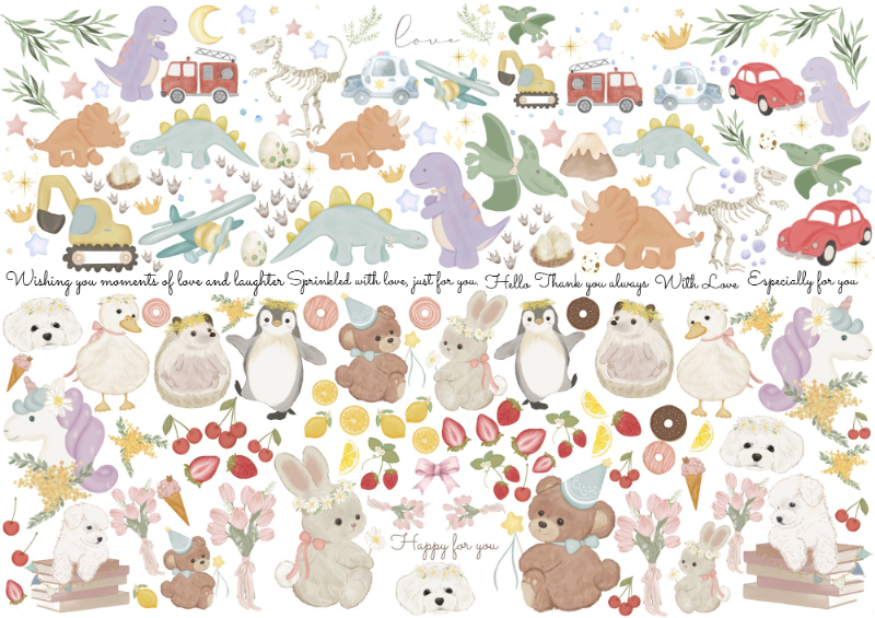 【白磁用】Dream Parade ドリームパレード転写紙 ver2（ポーセラーツ ポーセリンアート 転写紙  恐竜 ぺんぎん ウサギ クマ)